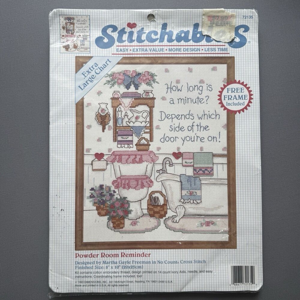VTG "Powder Room Reminder" Dimensions Stitchables No-Count Cross Stitch 8x10